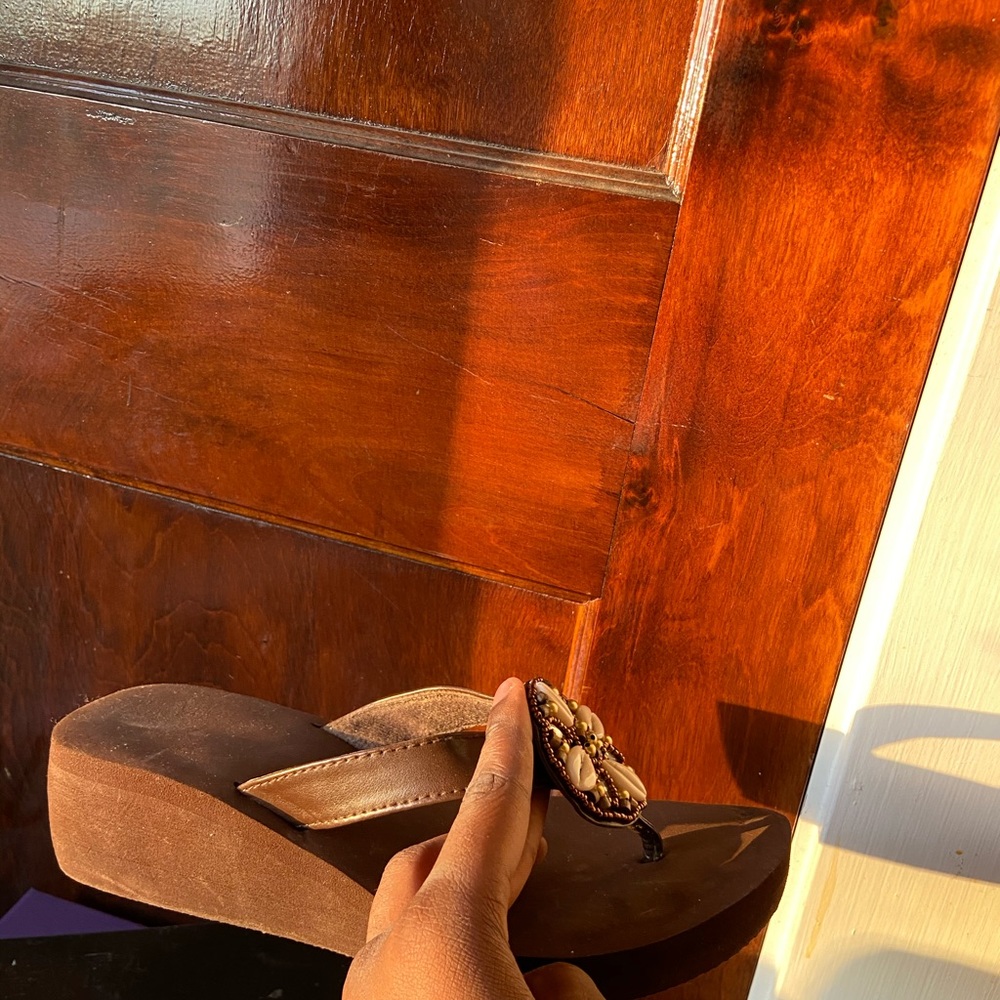 Brown Seashell Flip Flop Wedges